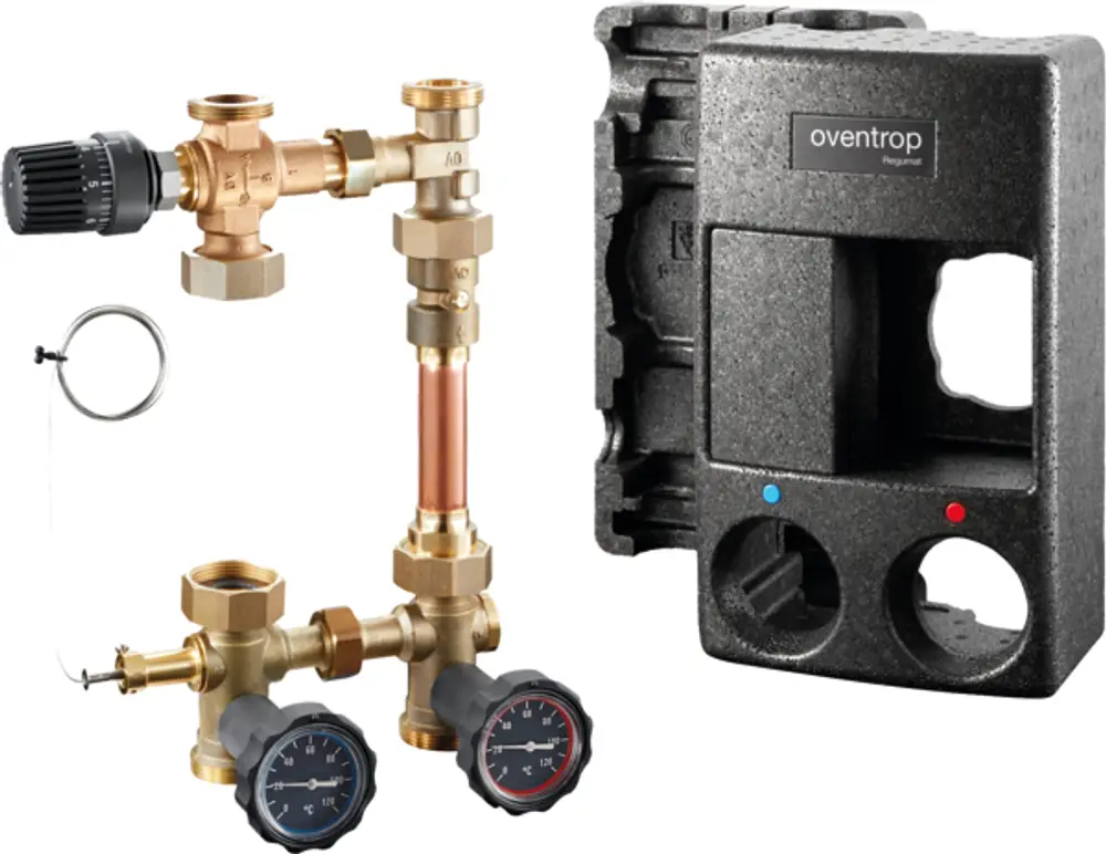 Oventrop Regulat-Station aus Metall mit mehreren Anschlüssen, Druck- und Temperaturmanometern sowie doppelter Isolierung in einer kompakten Bauform.